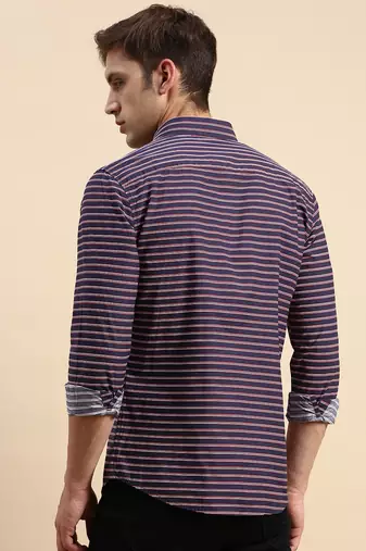 men's long sleeves horizontal stripes navy blue shirt