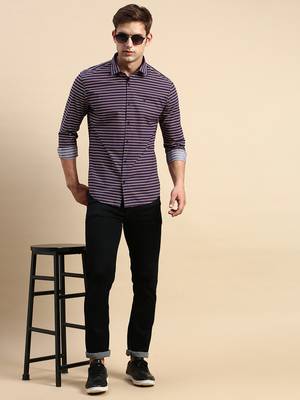 men's long sleeves horizontal stripes navy blue shirt 5