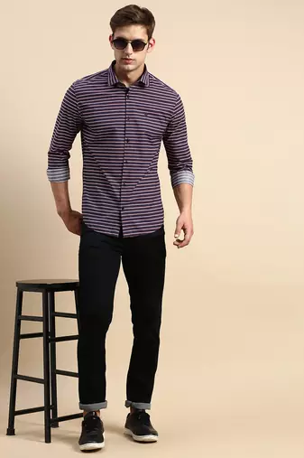 men's long sleeves horizontal stripes navy blue shirt