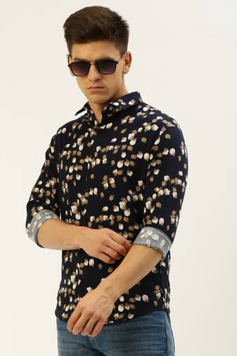 men's long sleeves abstract navy blue shirt