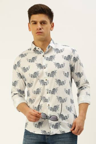 men's long sleeves floral white shirt