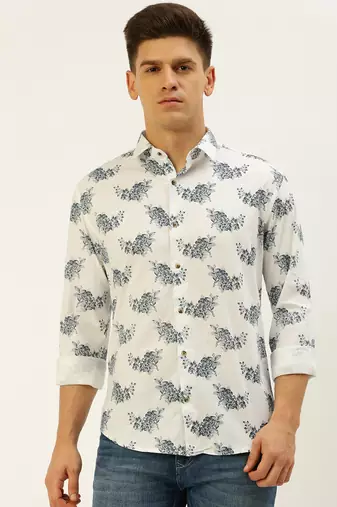 men's long sleeves floral white shirt