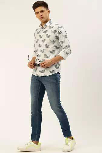 men's long sleeves floral white shirt