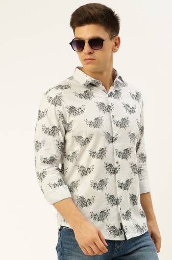 men's long sleeves floral white shirt