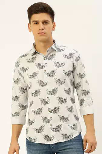 men's long sleeves floral white shirt