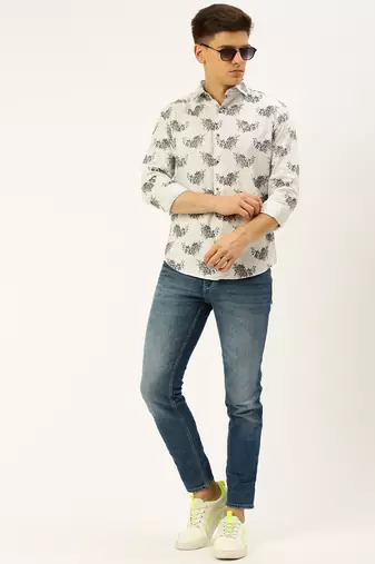 men's long sleeves floral white shirt
