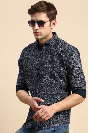 men's long sleeves abstract navy blue shirt