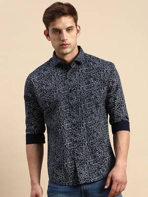 men's long sleeves abstract navy blue shirt 2