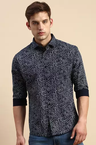 men's long sleeves abstract navy blue shirt