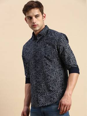 men's long sleeves abstract navy blue shirt 3