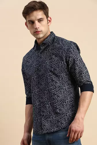 men's long sleeves abstract navy blue shirt