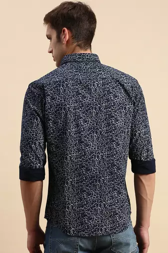 men's long sleeves abstract navy blue shirt