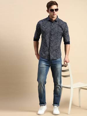 men's long sleeves abstract navy blue shirt 5