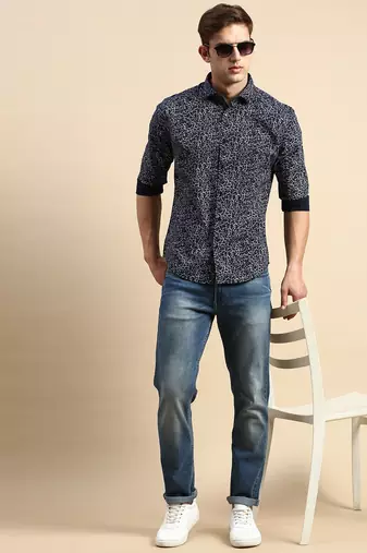 men's long sleeves abstract navy blue shirt