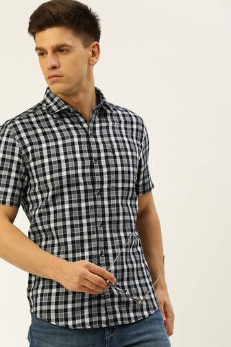 men's short sleeves shepherd checks navy blue shirt