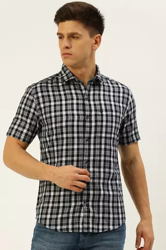 men's short sleeves shepherd checks navy blue shirt