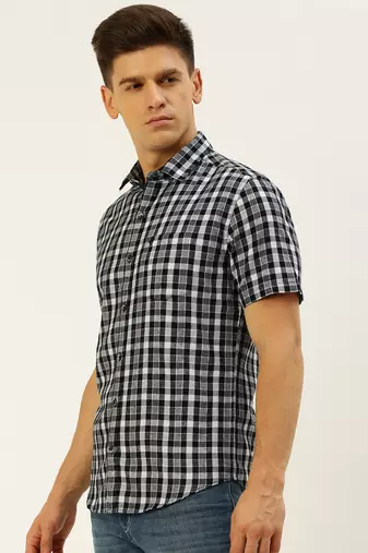 men's short sleeves shepherd checks navy blue shirt