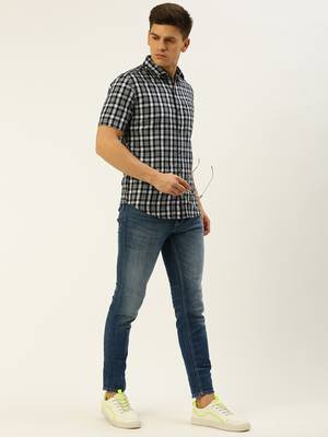 men's short sleeves shepherd checks navy blue shirt 5