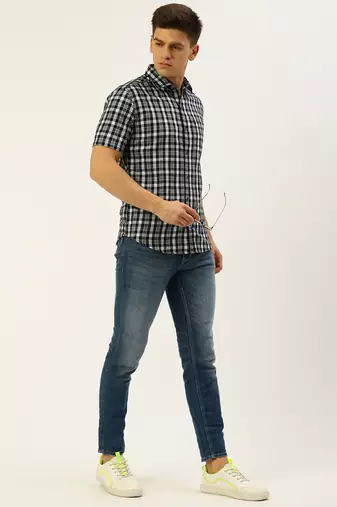 men's short sleeves shepherd checks navy blue shirt