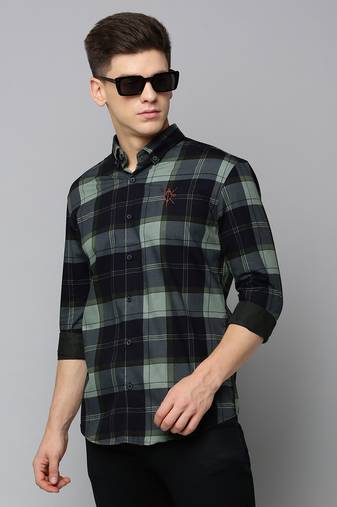 men's long sleeves tartan checks navy blue shirt