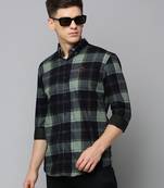 men's long sleeves tartan checks navy blue shirt