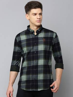 men's long sleeves tartan checks navy blue shirt 2