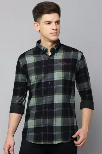 men's long sleeves tartan checks navy blue shirt