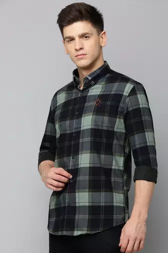 men's long sleeves tartan checks navy blue shirt