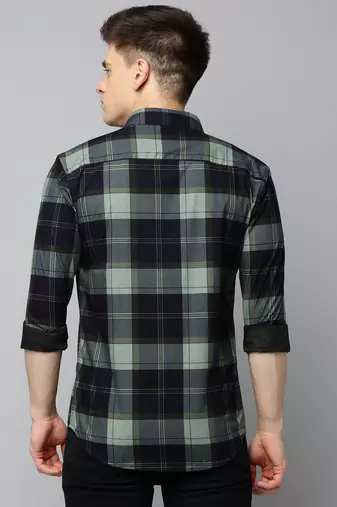 men's long sleeves tartan checks navy blue shirt