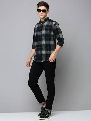 men's long sleeves tartan checks navy blue shirt 5