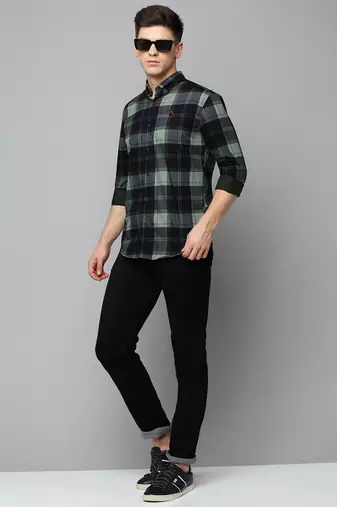 men's long sleeves tartan checks navy blue shirt