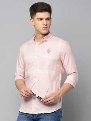 men's long sleeves tartan checks peach shirt 1