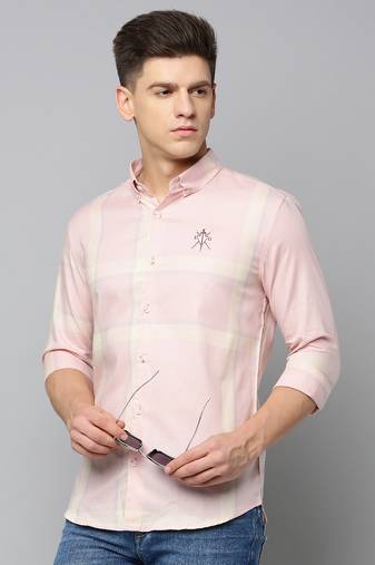 men's long sleeves tartan checks peach shirt