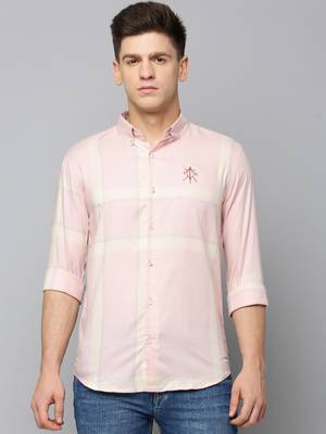 men's long sleeves tartan checks peach shirt 2