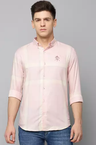 men's long sleeves tartan checks peach shirt