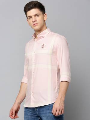 men's long sleeves tartan checks peach shirt 3