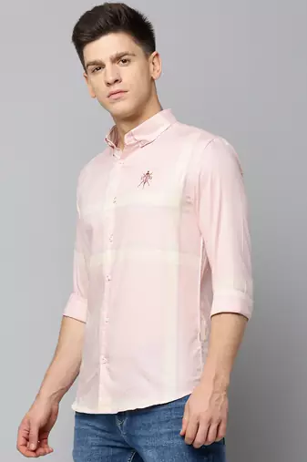 men's long sleeves tartan checks peach shirt