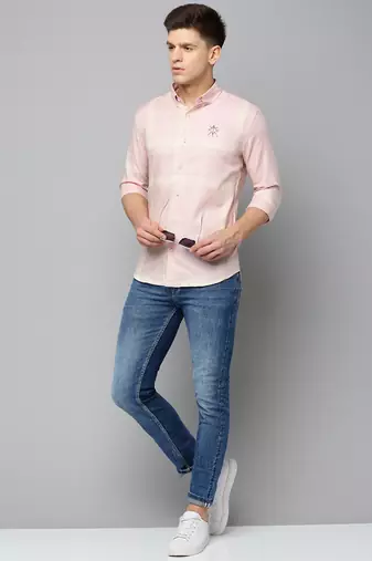 men's long sleeves tartan checks peach shirt
