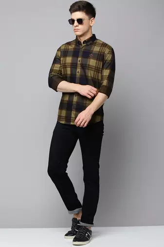 Showoff men's long sleeves tartan checks navy blue shirt