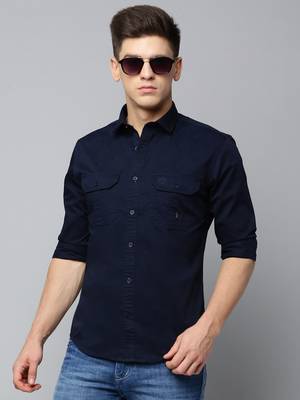 Showoff men's long sleeves solid navy blue shirt 1