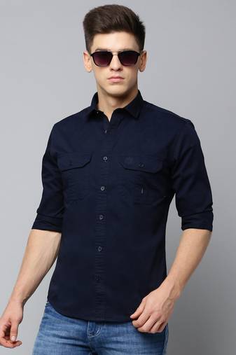 Showoff men's long sleeves solid navy blue shirt