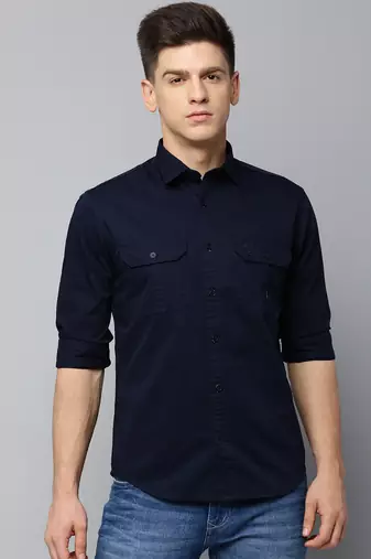 Showoff men's long sleeves solid navy blue shirt