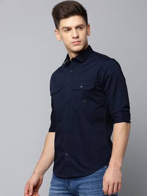 Showoff men's long sleeves solid navy blue shirt 3