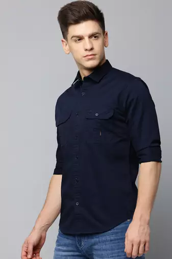 Showoff men's long sleeves solid navy blue shirt
