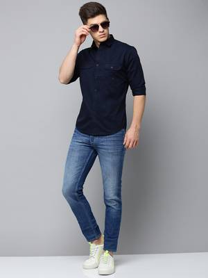 Showoff men's long sleeves solid navy blue shirt 5