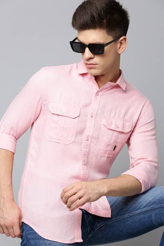 Showoff men's long sleeves textured peach shirt