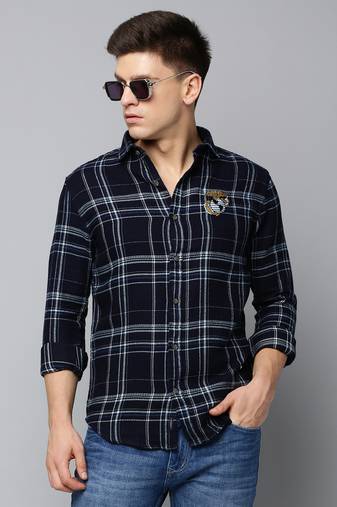 men's long sleeves tartan checks navy blue shirt
