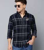 men's long sleeves tartan checks navy blue shirt