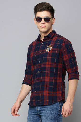 men's long sleeves tartan checks navy blue shirt