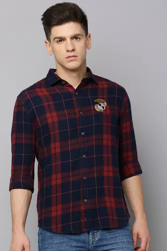 men's long sleeves tartan checks navy blue shirt